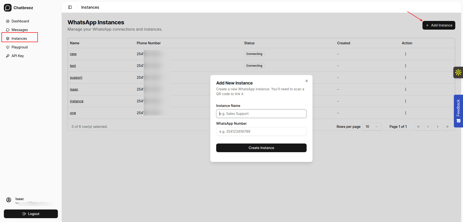 Create a whatsapp instance on chatbrez