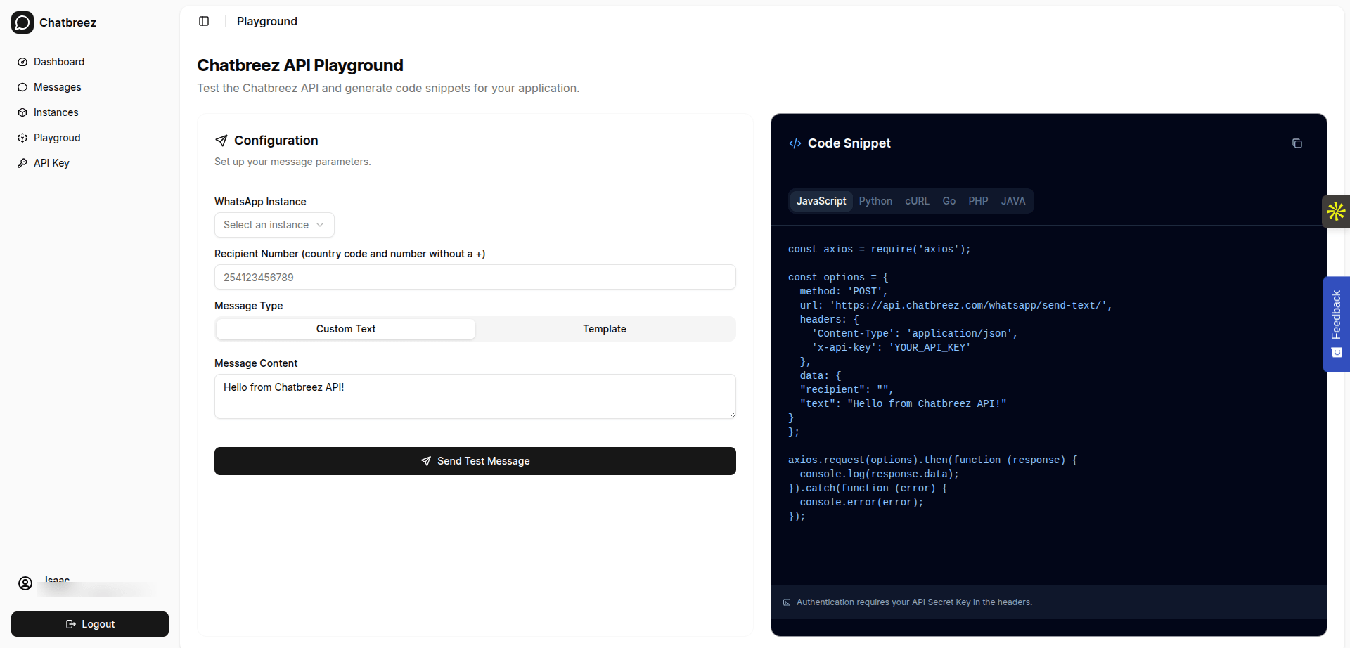 Test Your Instance on Chatbreez dashboard playground