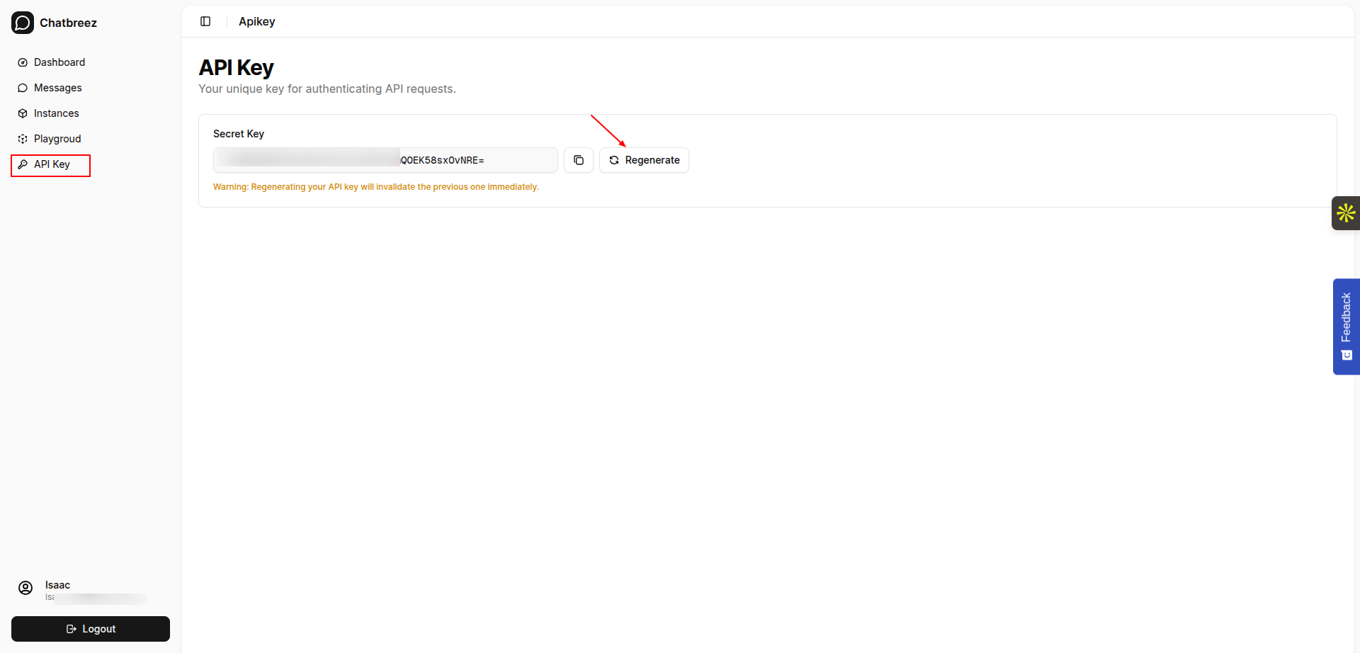 Generating API key on chatbreez dashboard